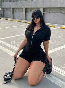 Flirla Bộ áo liền quần thông thường tay ngắn cổ bẻ cỡ lớn, thời trang - màu đen - Xem 3