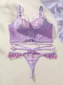 SHEIN Plus Size Lace Splicing Tie-Up Fashionable And Sexy Lingerie - Purple - View 5