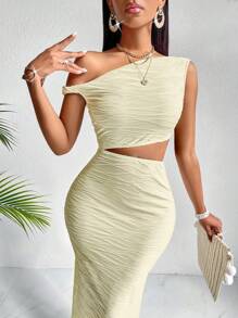 Zolique Vestido ceñido de cuello asimétrico, cintura recogida y recorte lateral - Beis - Ver 1
