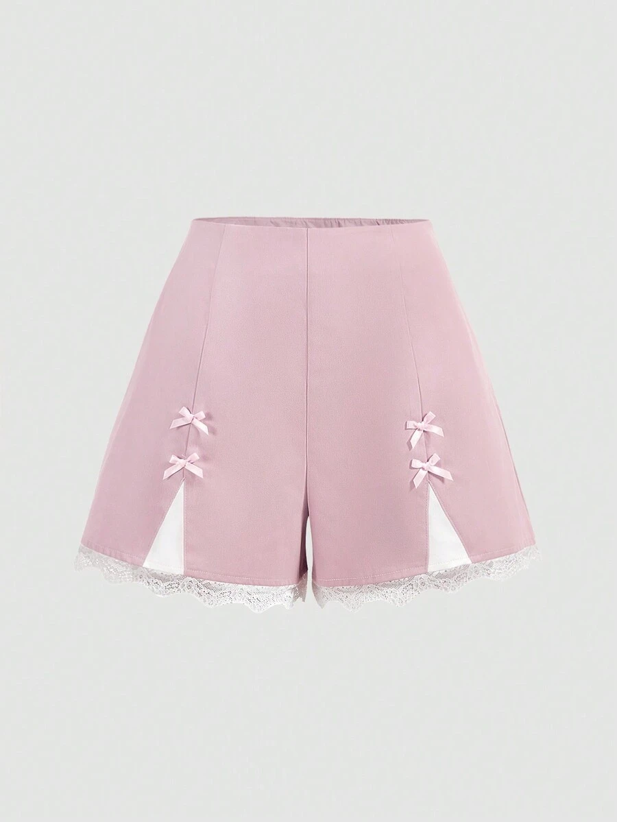 SHEIN MOD Damen Pinke Shorts mit Spitzen Saum und Schleife - Babypink - Übersicht 1