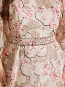 Plus Size Non-Positional Flower Round Neck Silk Chiffon Lantern Sleeve Floral Printed Waistband With Beads Elegance & Style Maxi Formal Dress Elegant Cocktail Semi Formal Prom Wedding Guest Dress, For Birthday, Graduation, Dinner, Homecoming - Pink - View 7