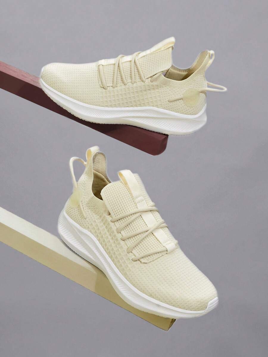 Lace Up Decor Knit Sneakers - Beige - View 1