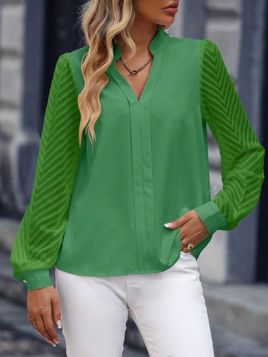 SHEIN Clasi V領素面優雅長袖夏季襯衫 - 綠色 - 查看 1