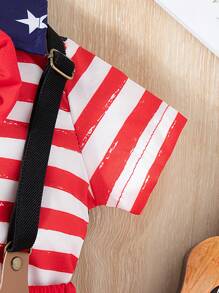 SHEIN 寶寶男童星條旗印花連身襯衫+眼罩套裝，2024夏季新款時尚，舒適優雅 - 彩色 - 查看 3