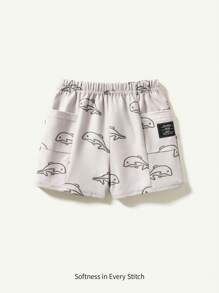 Cozy Pixies 嬰兒男童海星印花編織標籤裝飾彈性腰休閒短褲，側袋設計 - 杏色 - 查看 1