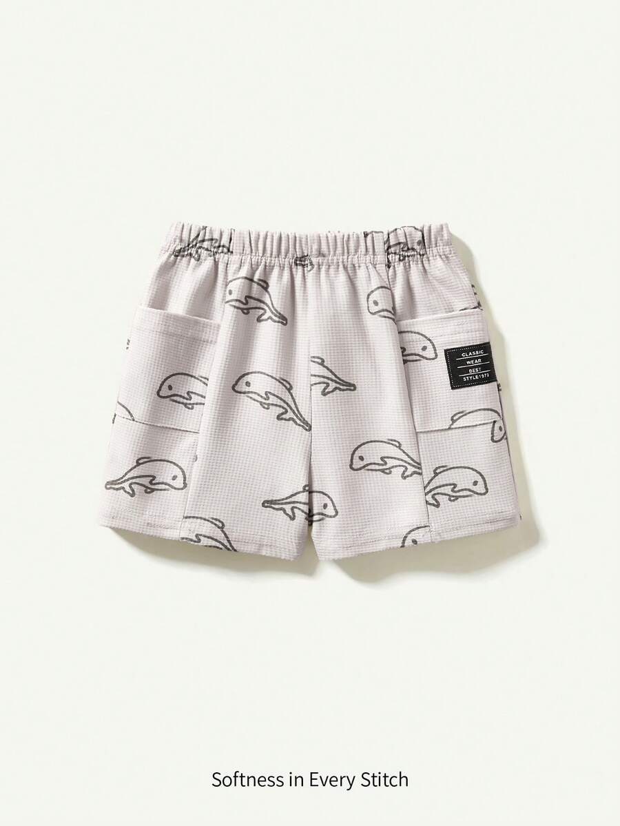 Cozy Pixies 嬰兒男童海星印花編織標籤裝飾彈性腰休閒短褲，側袋設計 - 杏色 - 查看 1