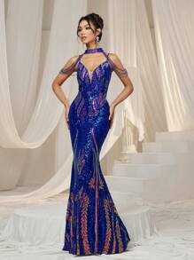 Faeriesty 链条细节亮片吊带美人鱼连衣裙 - 寶藍色 - 查看 1