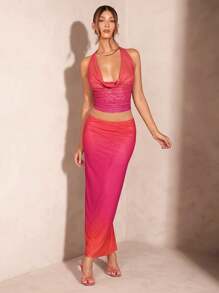 SHEIN BAE Bộ 2 món trang phục mùa hè cho nữ gồm áo ba lỗ nhuộm loang màu hồng và cam và chân váy maxi bodycon lưới xẻ cao - Hồng - Xem 3