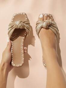 SHUZIA 女士蝴蝶结编织休闲平底凉鞋夏季鞋春季鞋春假鞋复活节度假鞋休闲鞋沙滩鞋母亲节礼物 - 杏色 - 查看 1