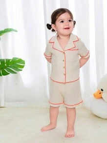 SHEIN Baby Girl Casual Color Block Short Sleeve Cardigan With Elastic Waist Shorts Home Outfit Set (4pcs) - Hot Pink - View 4