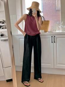Summer Round Neck Solid Color Sleeveless Knitted Top - Burgundy - View 3