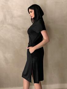 SHEIN Essnce Ladies' Simple Black Short Sleeve Daily Dress Hoodie Summer Clothes Casual Summer Dress - Black - View 8