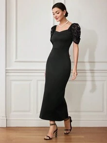 Modelyn Vestido de moda elegante para mujeres con mangas abullonadas y tiras cruzadas en la espalda - Negro - Ver 6