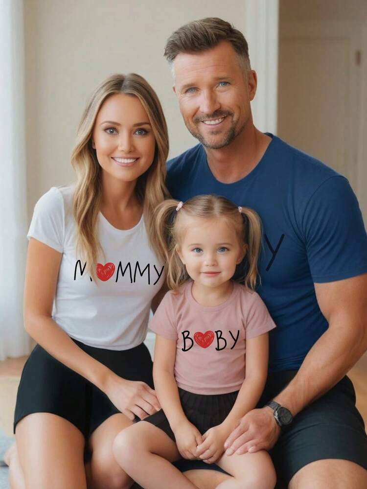 Family Matching Outfits 'Mommy And Me' Pink Letter Print Short Sleeve T-Shirt And Black Pleated Skirt Set (2 Pieces Sold Together, The Third Piece Sold Separately) For Toddler Girls
