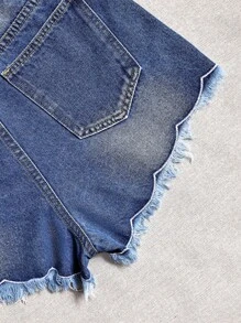 SHEIN Essnce Women's Pocket Patchwork Raw Hem Plant Printed Casual Denim Shorts - Blue - View 3