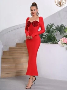Modphy 紅色無肩方領鑽石修飾長袖人魚緊身包臀帶，適合婚禮伴娘或正式晚會