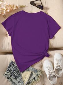 INAWLY Áo thun nữ cổ tròn ngắn tay màu trơn mùa hè - Màu tím  Violet - Xem 2