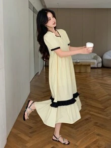 DAZY Women's Color Contrast Puff Sleeve Casual Daily Wear Short Sleeve Dress For Summer,Ruffle