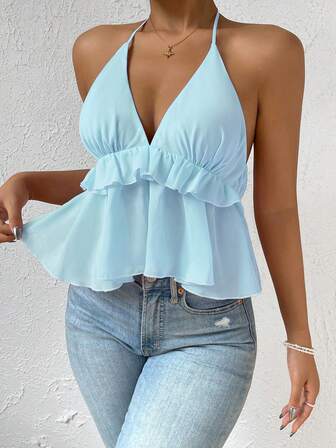 Blusa de verano para mujer con cuello en V profundo, detalle de volantes y escote halter sin espalda, de unicolor