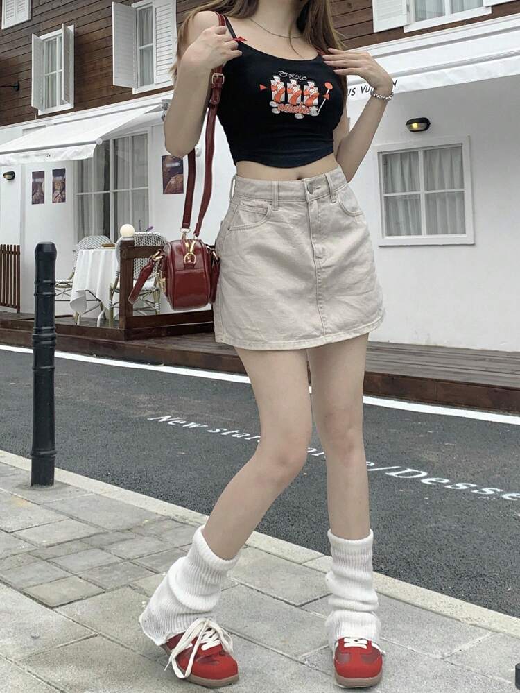 Women's Loose Fit Casual Denim Skirt With Pockets,Skorts