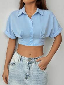 SHEIN Unity Roll Cuff Roll-Up Tab Batwing Sleeve Solid Color Summer Shirt - Blue - View 1