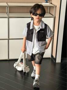 SHEIN 男童休閒韓版條紋2合1襯衫及牛仔短褲，適合逛街和戶外活動 - 白色 - 查看 5