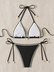 SHEIN Swim 女士假日條紋邊口金項圈領口兩件式性感比基尼套裝，附泳衣