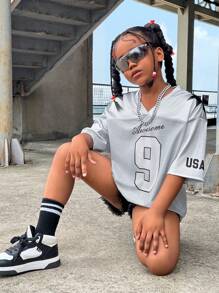 SHEIN Tween Girl Cool Street Style Mesh Splice Solid Color Loose Fit Short Sleeve Top For Spring And Summer