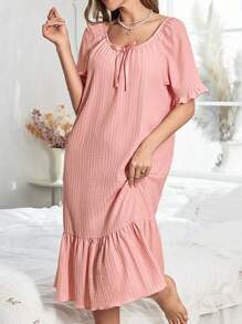 Solid Color Jacquard Loose Ladies Sleep Dress With Ruffle Trim