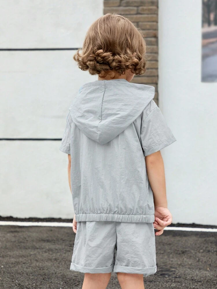 2pcs Young Boy Quick Dry Fabric Hooded Jacket & Shorts Set, Suitable For Summer Play