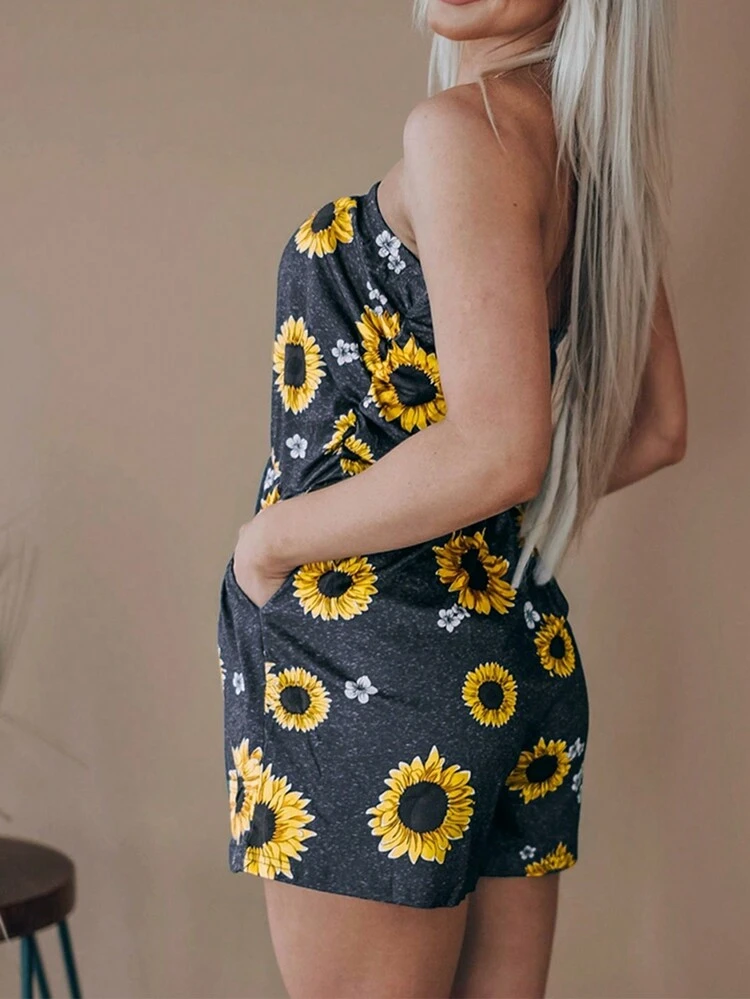 Ladies' Sunflower Printed Strapless Jumpsuit For Vacation And Leisure