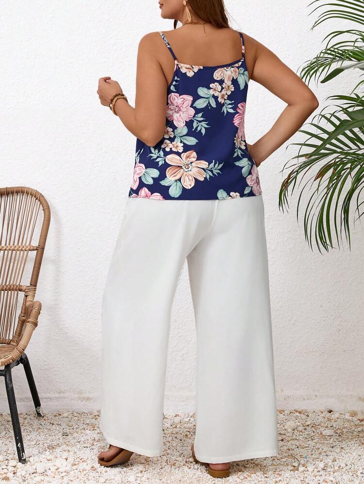Floral Print Plus Size Tank Top And Olive GreenSolid Color Wide Leg Pants Two Pieces Set Country Concert Outfit