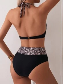 SHEIN Swim Conjunto de bikini sexy con cuello halter y estampado de leopardo para mujeres, ideal para vacaciones