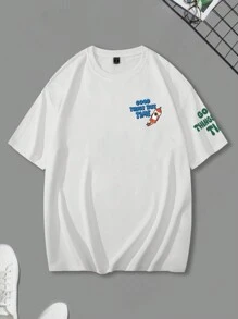 Claim Dot 男士夏季运动休闲宽松趣味宇航员和字母图案印花短袖圆领 T 恤，适合外出、送给朋友 - 白色 - 查看 3