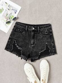 SHEIN Teen Girl Ripped Denim Shorts With Frayed Hem And Pockets - Black - View 1