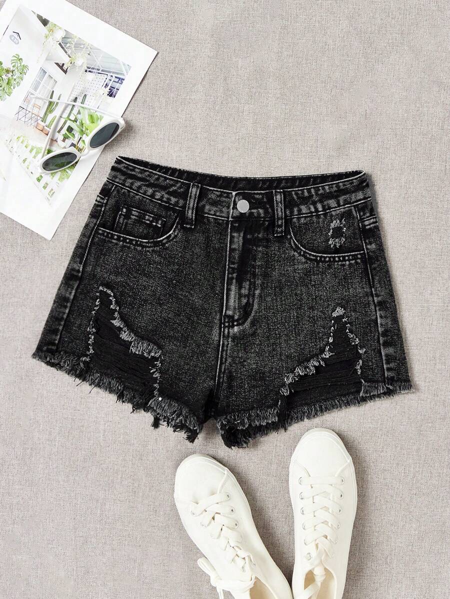 SHEIN Teen Girl Ripped Denim Shorts With Frayed Hem And Pockets - Black - View 1