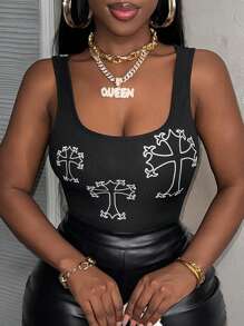 Slaydiva Top corto con cuello en U y estampado cruzado de moda urbana - H