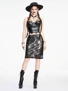 ROMWE Gothic Lace Floral & Metallic Skirt For Women With Reflective Interior Fabric - Green - View 2