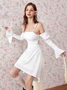 GENKIRA Vintage American Style Casual Sweet & Spicy Backless Drawstring Waist Cutout Design Flare Sleeve Cold-Shoulder Mid-Length Dress Fall Cloth For Women - White - View 5