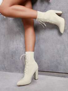 女性系帶設計粗跟一腳蹬彈力靴,優雅淺褐色的織物中筒靴 - 米色 - 查看 6