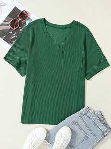 CILKOO 女士宽松扭结纹理V领短袖T恤，春夏休闲款 - 橄欖綠 - 查看 7