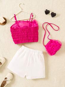 Tween Girl Elegant Urban Style Spring/Summer Outfit Set, Including Spicy Pink Flower Top With Fun Print And Shoulder Bag,Holiday,Travel - Multicolor - View 2