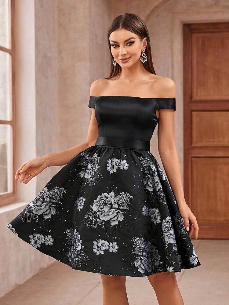 Elegant, Dignified, Sophisticated And Charming, Fashionable And Popular Women's Classic Black Satin Jacquard One-Line Shoulder Straps, Gathered And Anti-Exposure, High-Waisted A-Line Umbrella-Shaped Mid-Length Knee-Length Puff Gown, Very Suitable For Music Festivals, Graduation Ceremonies, And Back-To-School Seasons. , Dance/Tea Date, Cocktail Party