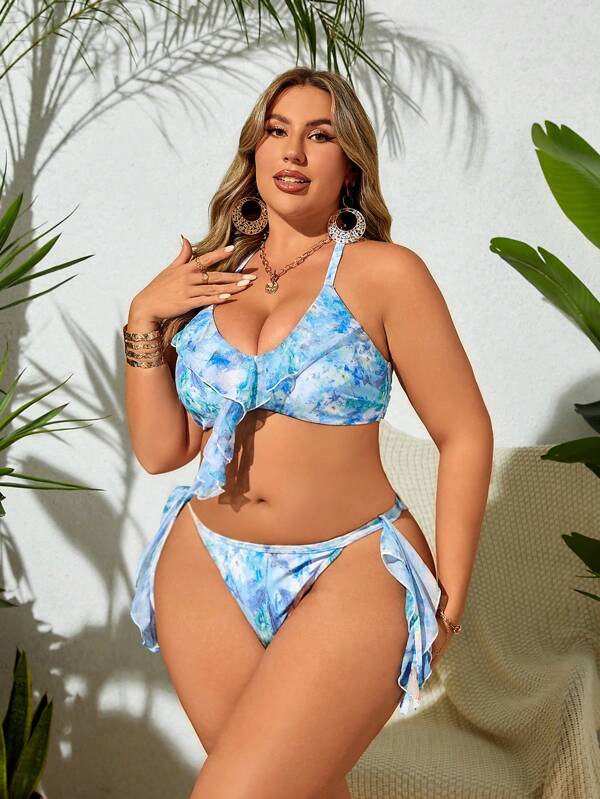 SHEIN Swim Curve Plus Size Women's Tie-Dye Print Patchwork Ruffle Trim Halter Neck Two-Piece Bikini Set, Perfect For Holiday Summer Beach