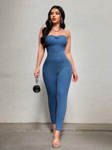 SHEIN SXY Solid Color Strapless Backless Tie-Dye Sexy Denim Jumpsuit - Medium Wash - View 5