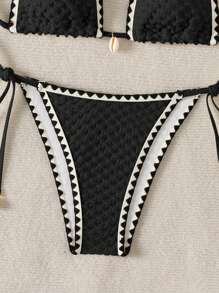 SHEIN Swim 女士假日條紋邊口金項圈領口兩件式性感比基尼套裝，附泳衣