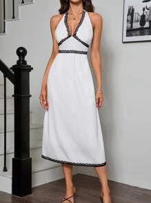 Aveloria Vestido elegante y sexy sin espalda con cinturón y detalles de encaje de color contrastante, diseño de cuello halter
