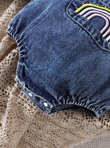 SHEIN Nou-născuți fetiță vară culoare solidă mânecă scurtă tricou casual și curcubeu broderie mânecă fluture bodysuit set