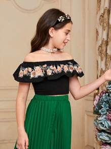 Tween Girl Cute Embroidered Ruffle T-Shirt With Ruffle Trim - Black - View 3