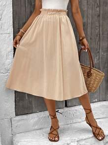 SHEIN LUNE Falda casual de mujer color caqui con dobladillo plisado y bolsillos - Caqui - Ver 2
